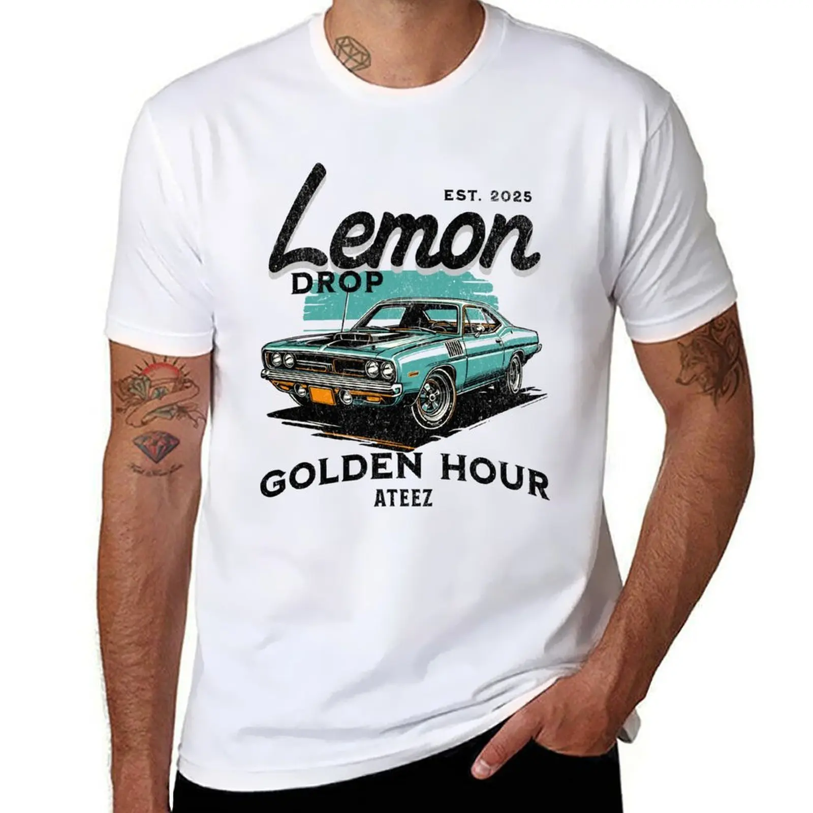 

Lemon drop ATEEZ ATINY car typography Morcaworks T-Shirt t shirt man cotton t shirt men 100% cotton luxury brand T-Shirt