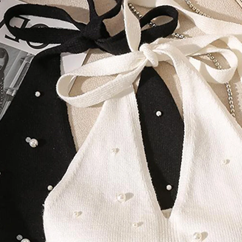 Modische französische Perlenweste mit Neckholder-Ausschnitt und Knoten am Rücken, gestrickt, für Damen – Detail 6