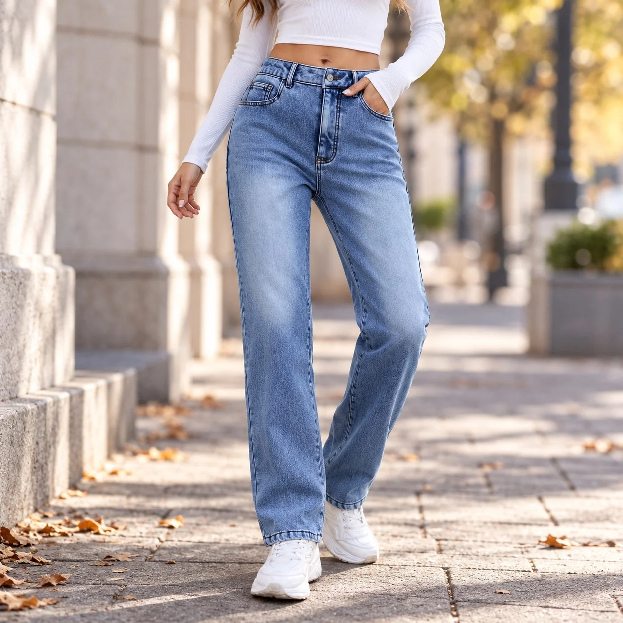 Washed Straight Leg Jeans Full Length Streetwear with Mid Waist Medium Stretch Women Pants Autumn Thickened Wrinkle Treatment