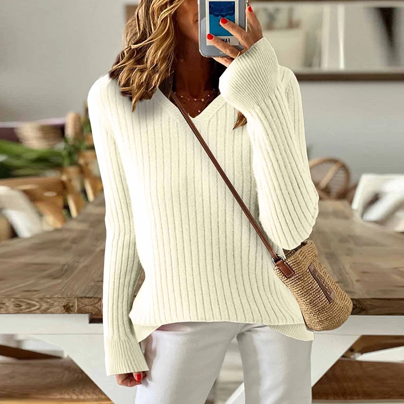 Damski sweter z długim rękawem, dzianinowy pulower z dekoltem w serek, dzianinowy sweter damski, zimowe podstawowe topy, damski sweter