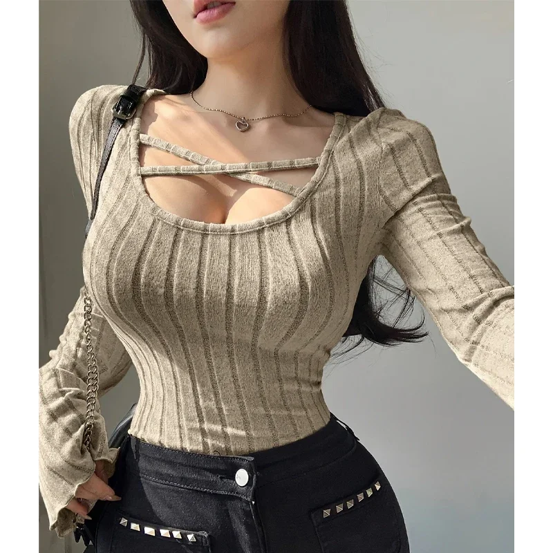 Autumn Winter Women's Knitted Solid Square Neck Long Sleeve T Shirt Casual Cross Strap Ribbed Slim Fit Top for Daily StreetWear
