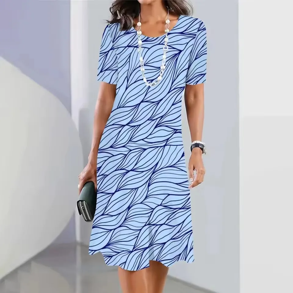 Summer Women's Dresses Fashion Round Neck Short Sleeve Long Simple Striped Printed Casual Women's Clothing Bohemian Style