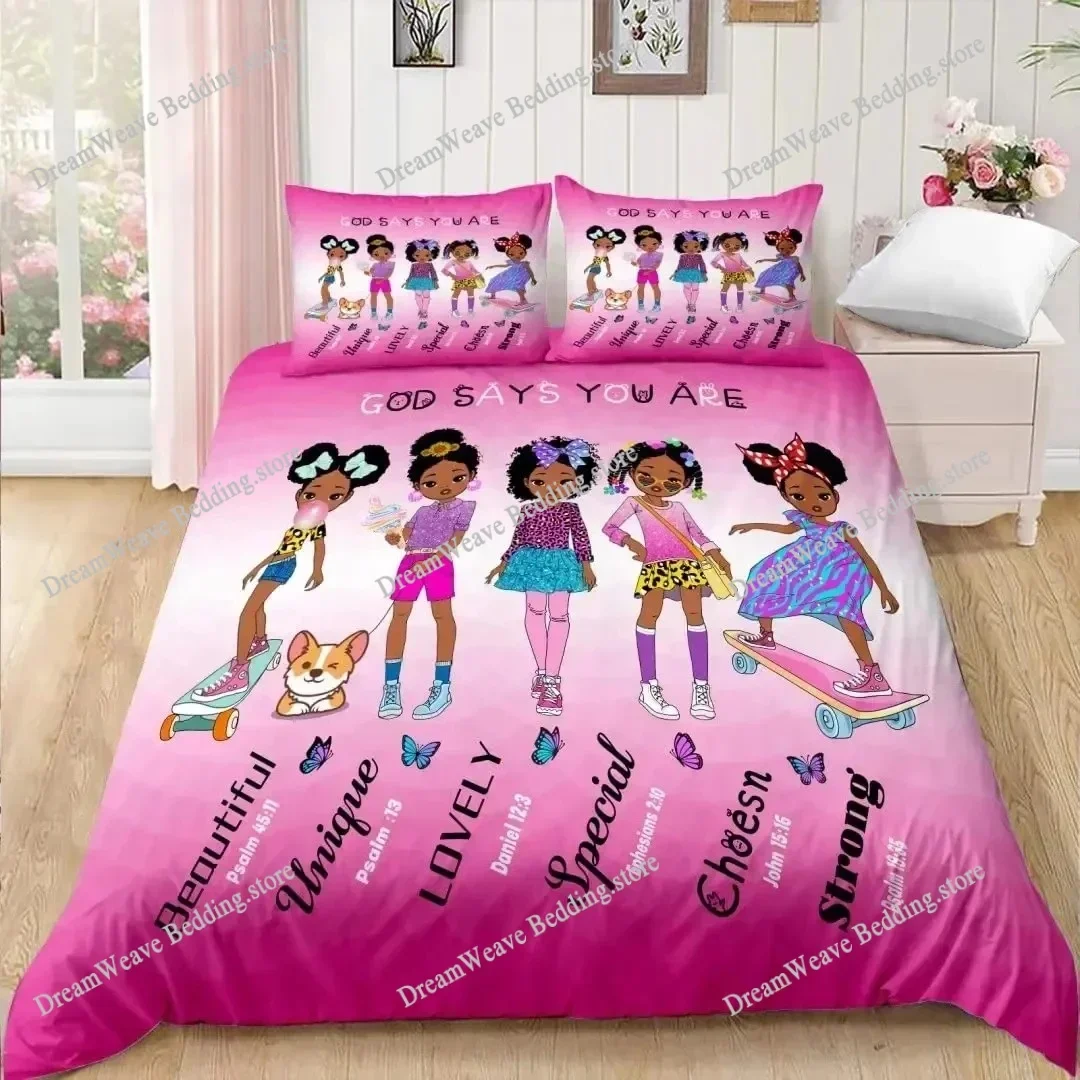 

American Black Girl Duvet Cover Set,Black Girl Magic Bedding Set Full Size,Cute Little Afro Black Princess Comforter Cover Sets9