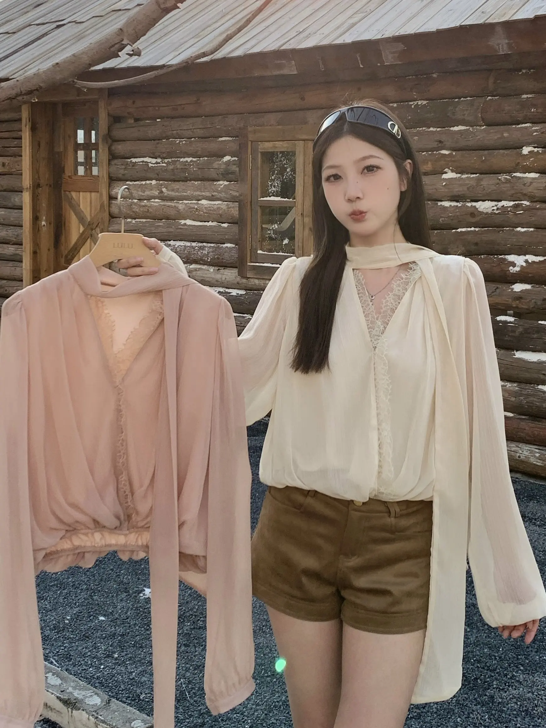 

Женская блузка больших размеров: весенняя, с кружевными вставками, V-образным вырезом, свободного кроя, с длинными рукавами, роскошная, с драпировкой, топ для женщин