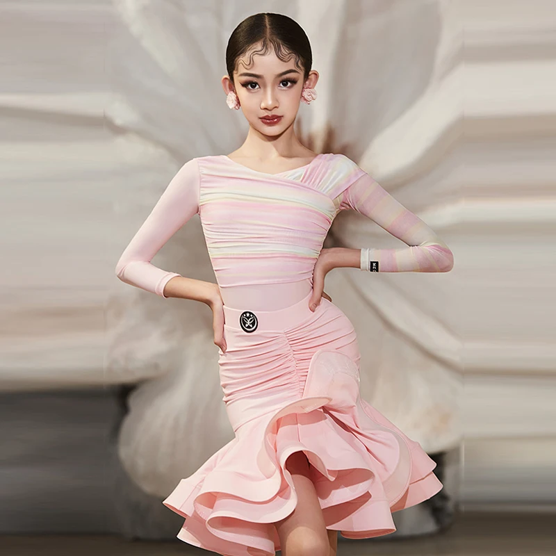 Fashion Long Sleeves Latin Dance Dress Girls Performance Dancing Costume Children\'S Ballroom Dance Professional Dresses SL11395