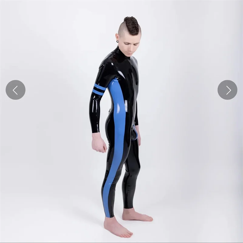 

Men's Latex Catsuit Handmade Black with Blue with Front Hole Cod-Piece Rubber Bodysuits Jumpsuit Back Zip