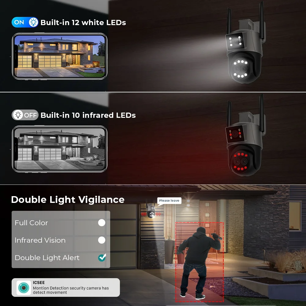 Reobiux-Outdoor Cam Vigilância IP, Câmera WiFi PTZ, 3 Lens, CCTV Security Protection, Dual Screen, 8X Câmera Zoom Digital