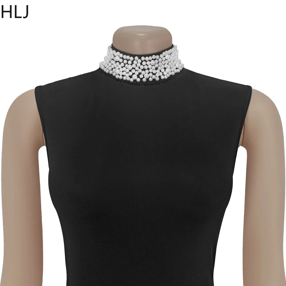 فساتين طويلة مثيرة مكشكشة من HLJ فساتين طويلة للنساء بياقة مدورة لؤلؤية بدون أكمام فستان ماكسي بطيات ملابس خروج نسائية