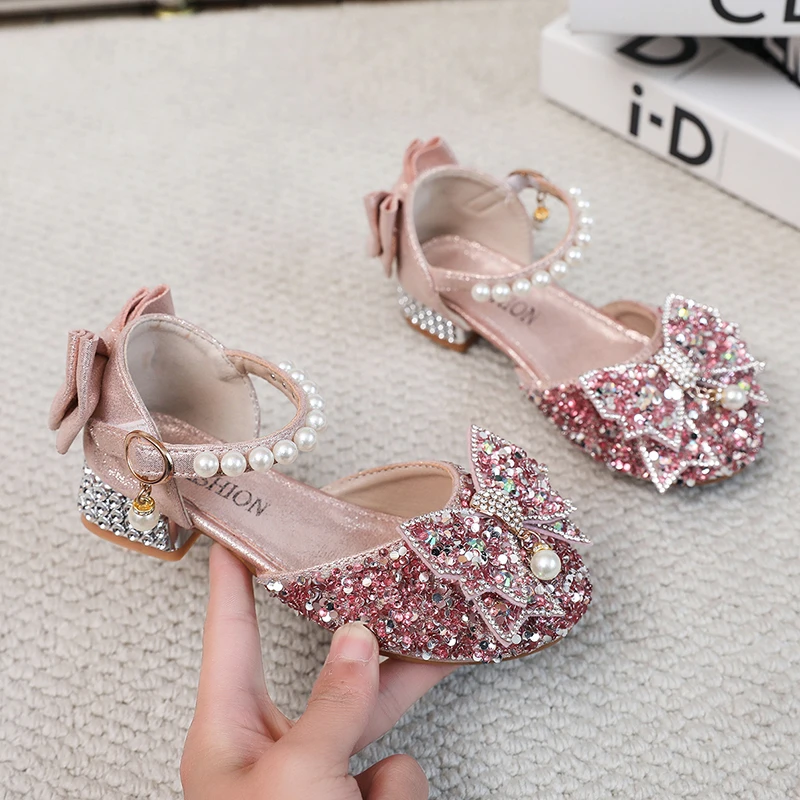 Children's Princess Beaded Sequin Decorated Sweet Toe Sandals Spring and Summer New Girl Fashion Bow Decorated High Heel Sandals