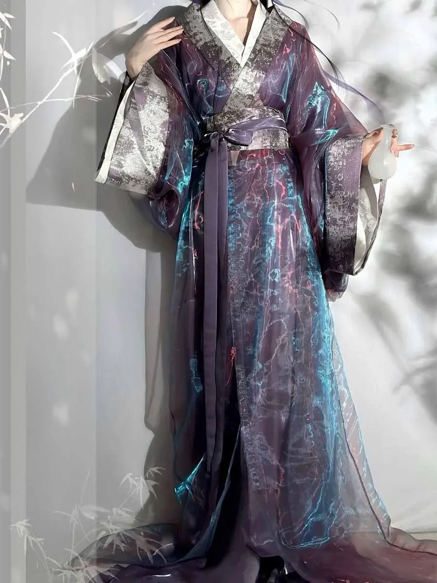 

Hanfu Dress Women Chinese Traditional War Robe Female Cosplay Costume Purple Colorful Gauze Outerwear+Satin Gown Hanfu Costume