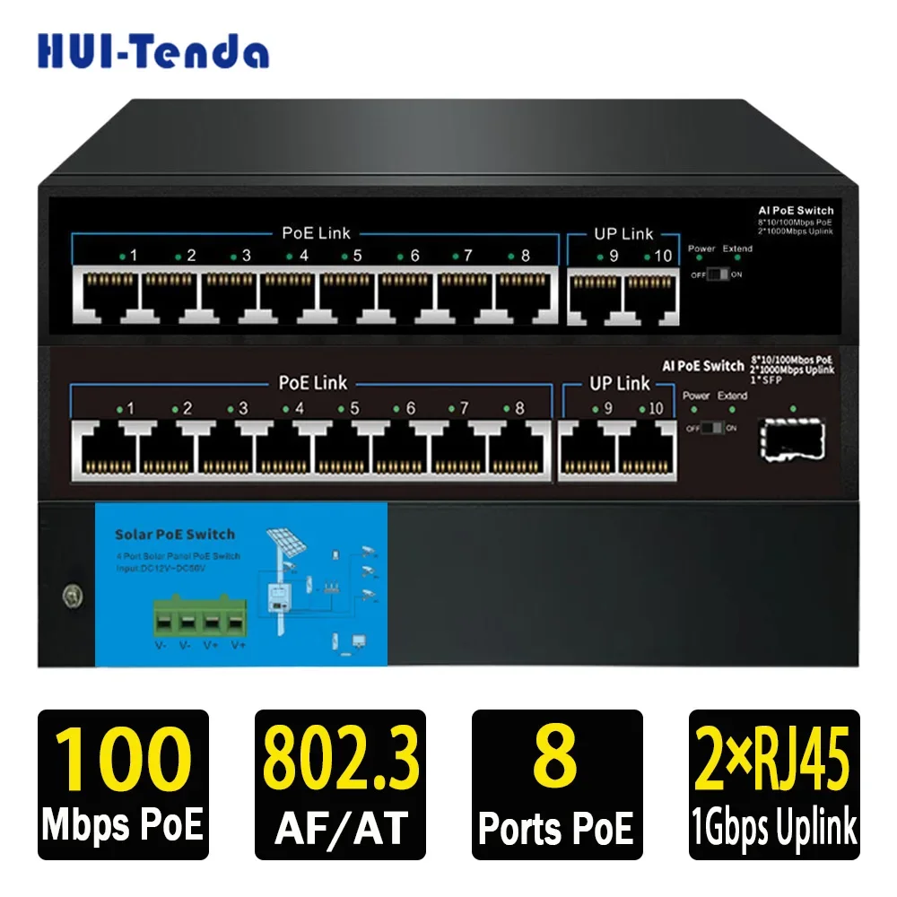 

Huitenda 8*10/100 Мбит/с AI POE коммутатор на солнечной панели 1 Гбит/с Uplink SFP порт сеть VLAN RJ45 коммутатор для IP-камеры/NVR