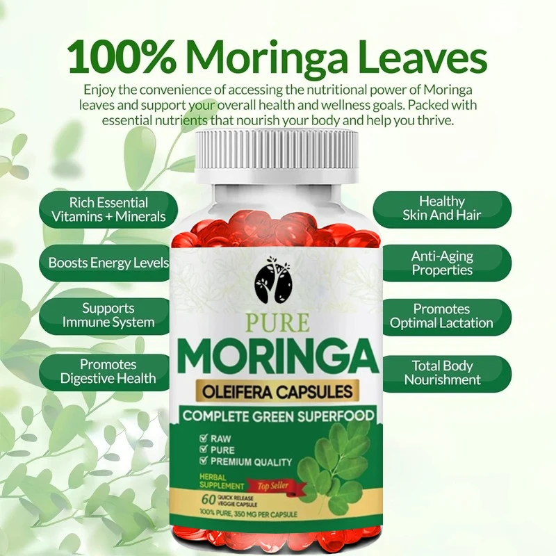 Moringa Capsules -60 Capsules 3X High-efficiency Antioxidant 100% Pure Moringa Leaf Powder for Metabolism and Lactation Support