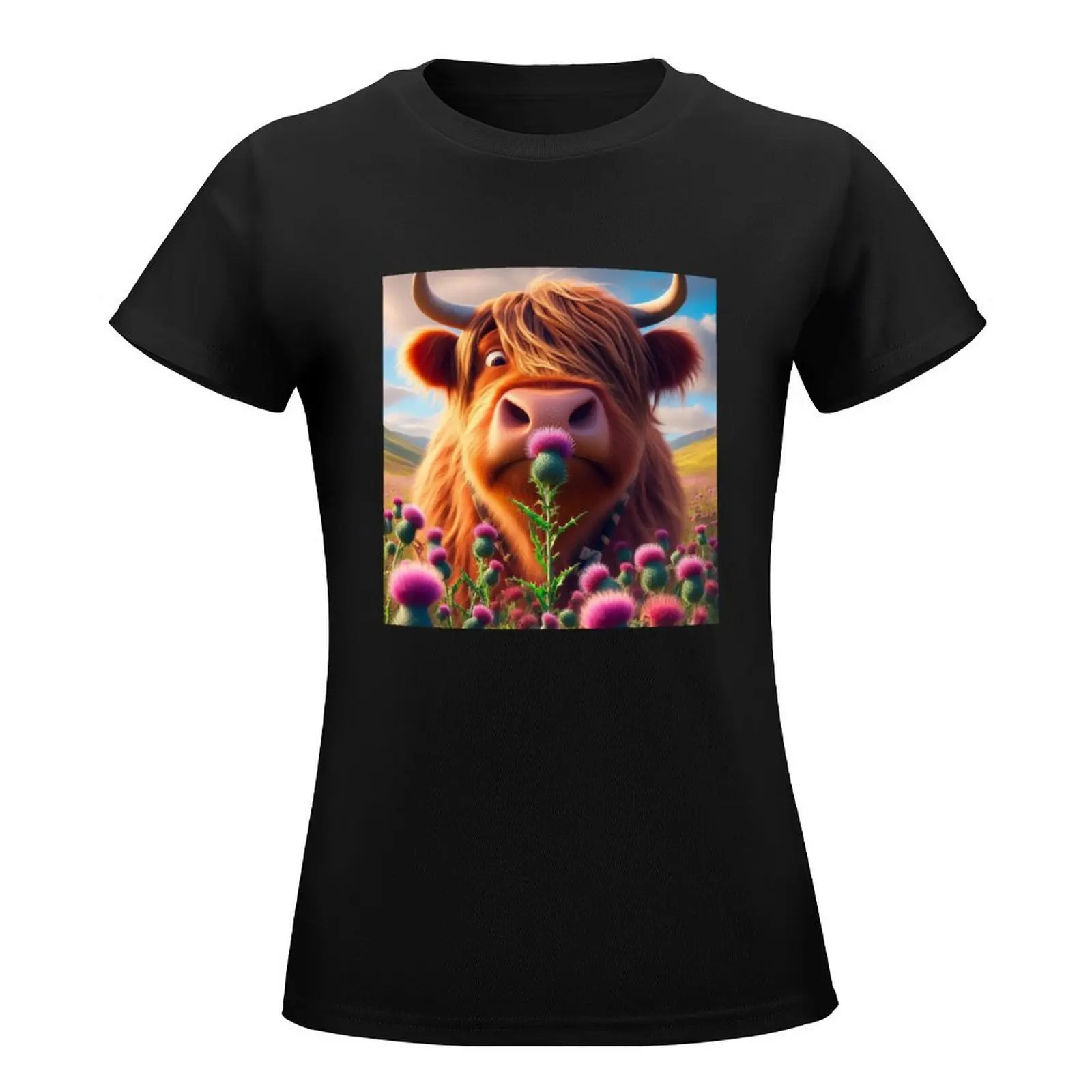 Highland cow and scottish thistle T-Shirt blacks animal print designer clothes Women luxury