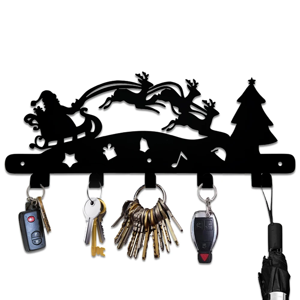 6 Hooks Christmas Black Iron Metal Key Holder Santa Claus Elk Sled Wall Mount Hanger for Home Housewarming Cabinet Hat Towel Dec