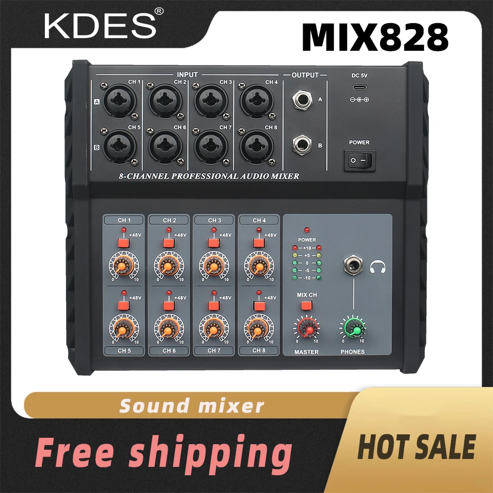 

KDES MIX828 Микшерная консоль Цифровой 8-канальный аудиомикшер Стерео для DJ Звуковые микшеры Трансляция Караоке Запись Сеть Live