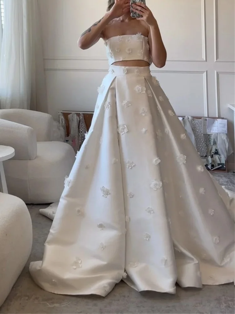 Elegant Long Satin Flower Embellished Wedding Dress Two Piece A-Line Sheath Pleated Bridal Gown Customized