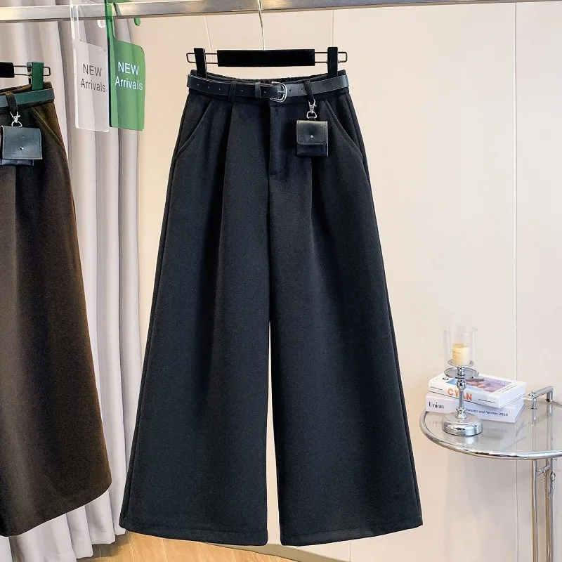 Women Woolen Harem Pants High Waist Loose Wide Leg Cropped Lazy Casual Trousers With Belt