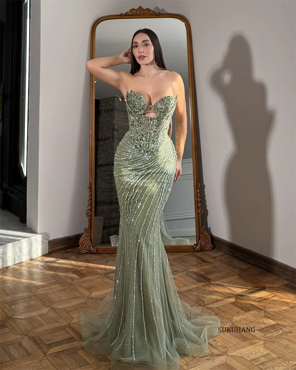 فستان سهرة بحورية البحر فاخر بشراشيب كريستالي من SUKUHANG على شكل قلب وأربطة طويلة للحفلات الراقصة باللون الأخضر حسب الطلب #2