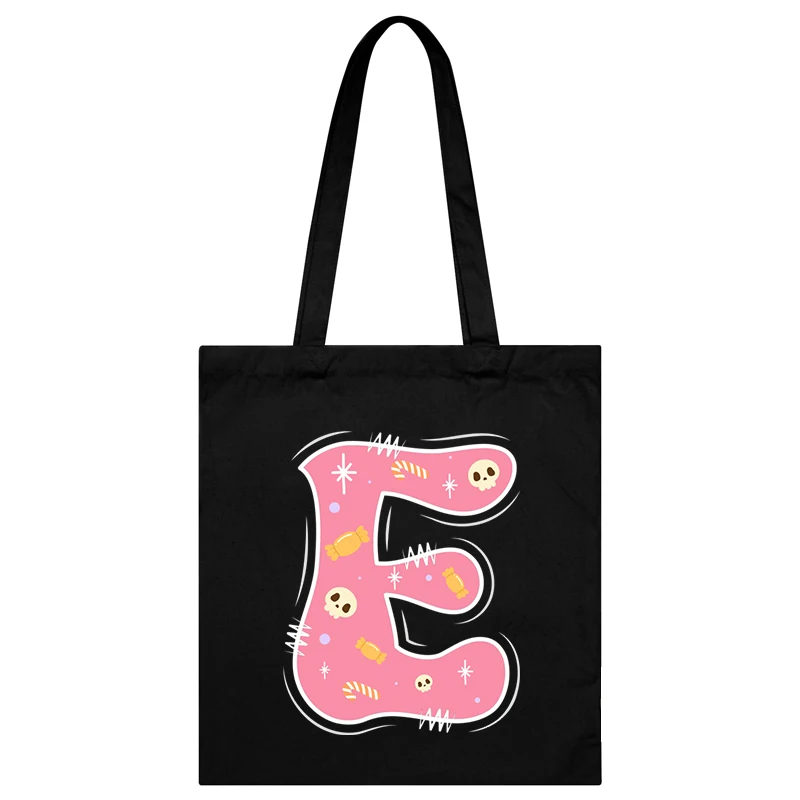 1Pcs Women's Cute Anime Letter Tote Bag Canvas Funny Candy Print Pink Alphabet Large Capacity Commuter Bag Practical Y2K Handbag