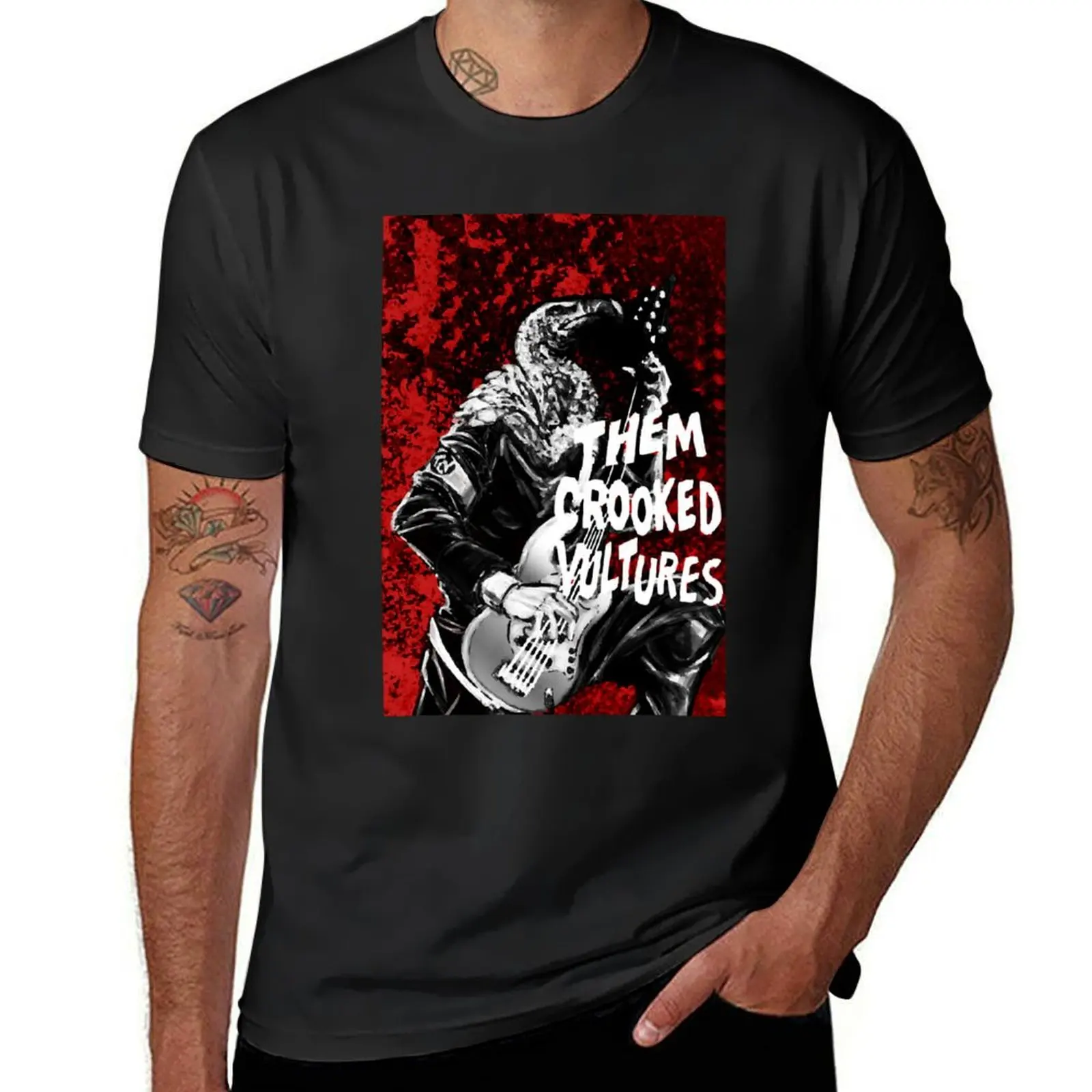 Them crooked vulture playing on the guitar, red background T-shirt funnys blacks plus sizes Men's t-shirt