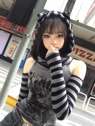 HOUZHOU Gothic Striped Patchwork Hoodie Women Japanese Style Vintage Punk Cat Print Hollow Out Slim Pullovers Soft Gril 2000s