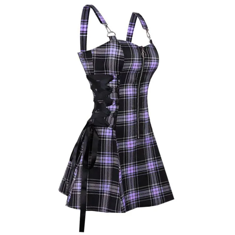 Dark Gothic Women Plaid Dress High Waist Bodycon Vintage Punk Harajuku Lolita Sleeveless Streetwear Y2K Sexy A-Line Mini Dresses