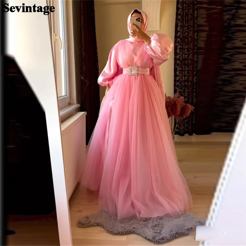 

Sevintage Modest Blush Pink Muslim Arabic Prom Dresses Long Sleeves High Neck Tulle Belt Formal Evening Dress Women Party Gowns