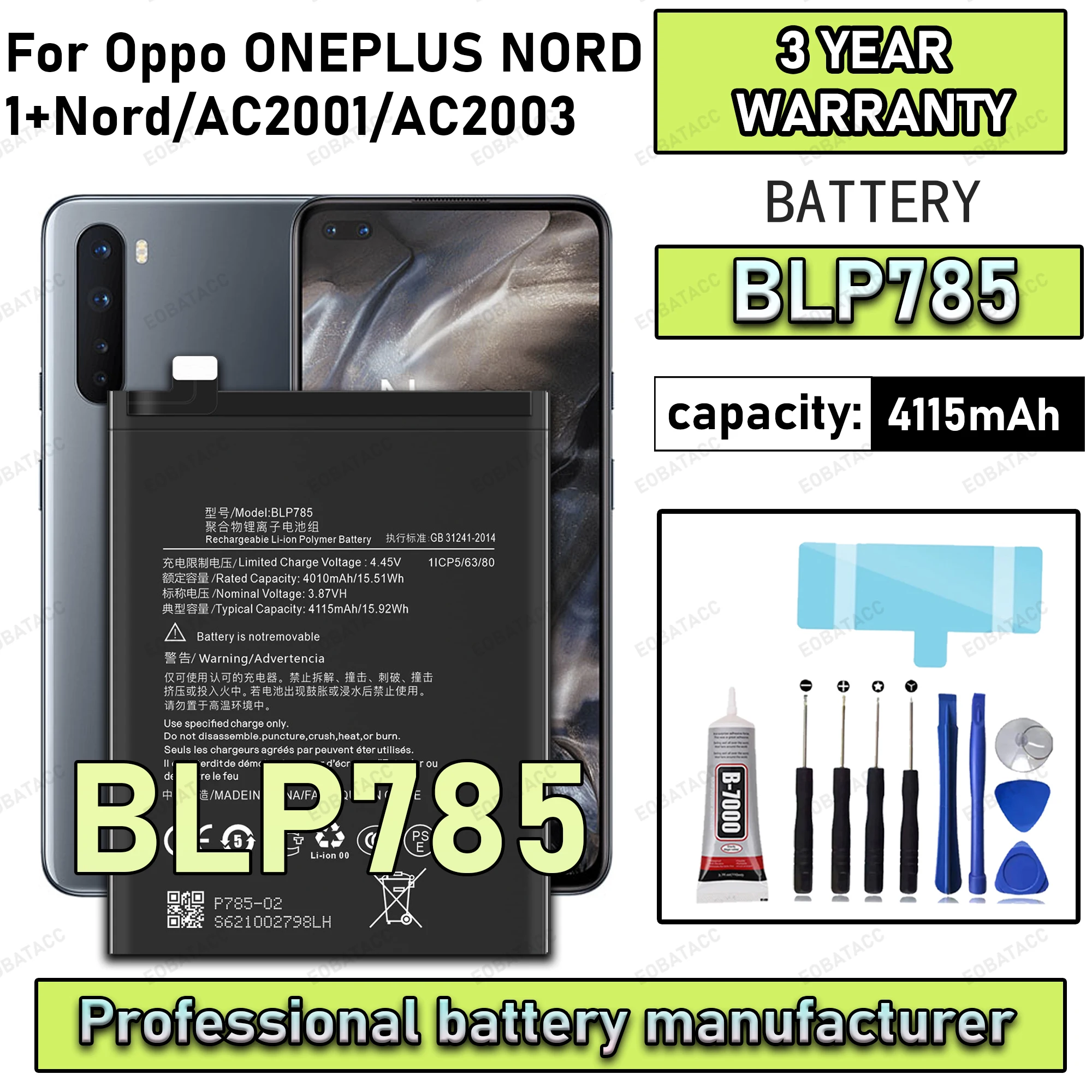 

100% New Zero Cycle BLP785 Battery For Oppo ONEPLUS NORD/1+Nord/AC2001/AC2003 Replacement Batteries batteria+Free tools