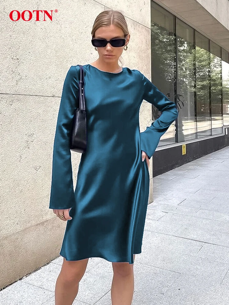 OOTN Satin Graceful A-Line Dress Women Spring O-Neck Office Lady Glossy Flare Sleeve Mini Dress Casual Plain Soft Dress Female