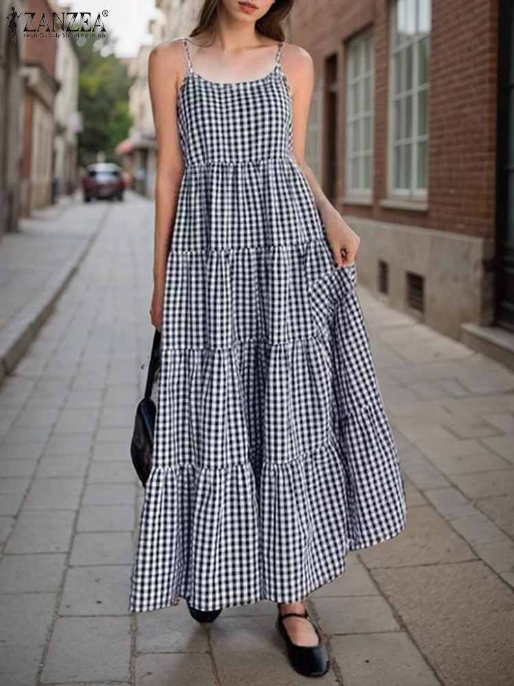 Vintage Checked Print Dresses ZANZEA Fashion Women Summer Dress Sleeveless Holiday Maxi Robe Vestidos Grid Plaid Sundress Kaftan