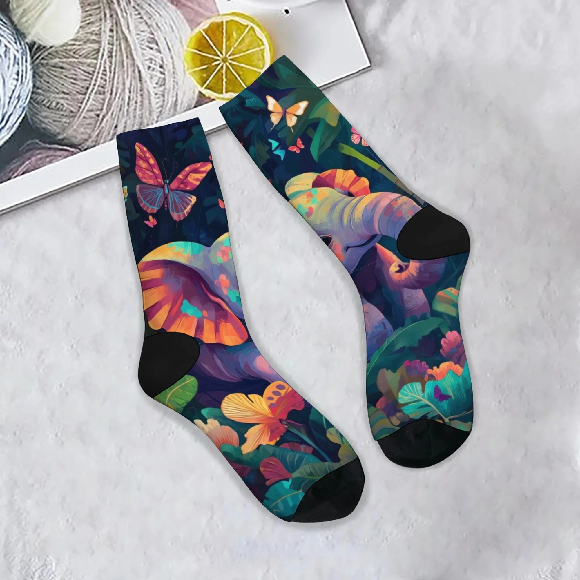 Męskie skarpety z nadrukiem słonia w stylu kreskówkowym, wygodne, oddychające, antypoślizgowe skarpety codzienne, oryginalne skarpety Harajuku w stylu retro street hip-hop, idealne na prezent.