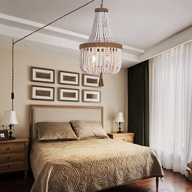 

Bohemian Retro Wooden Bead Chandelier - Rustic Farmhouse Pendant Light for Bedroom, Living Room, Kitchen & Dining Area