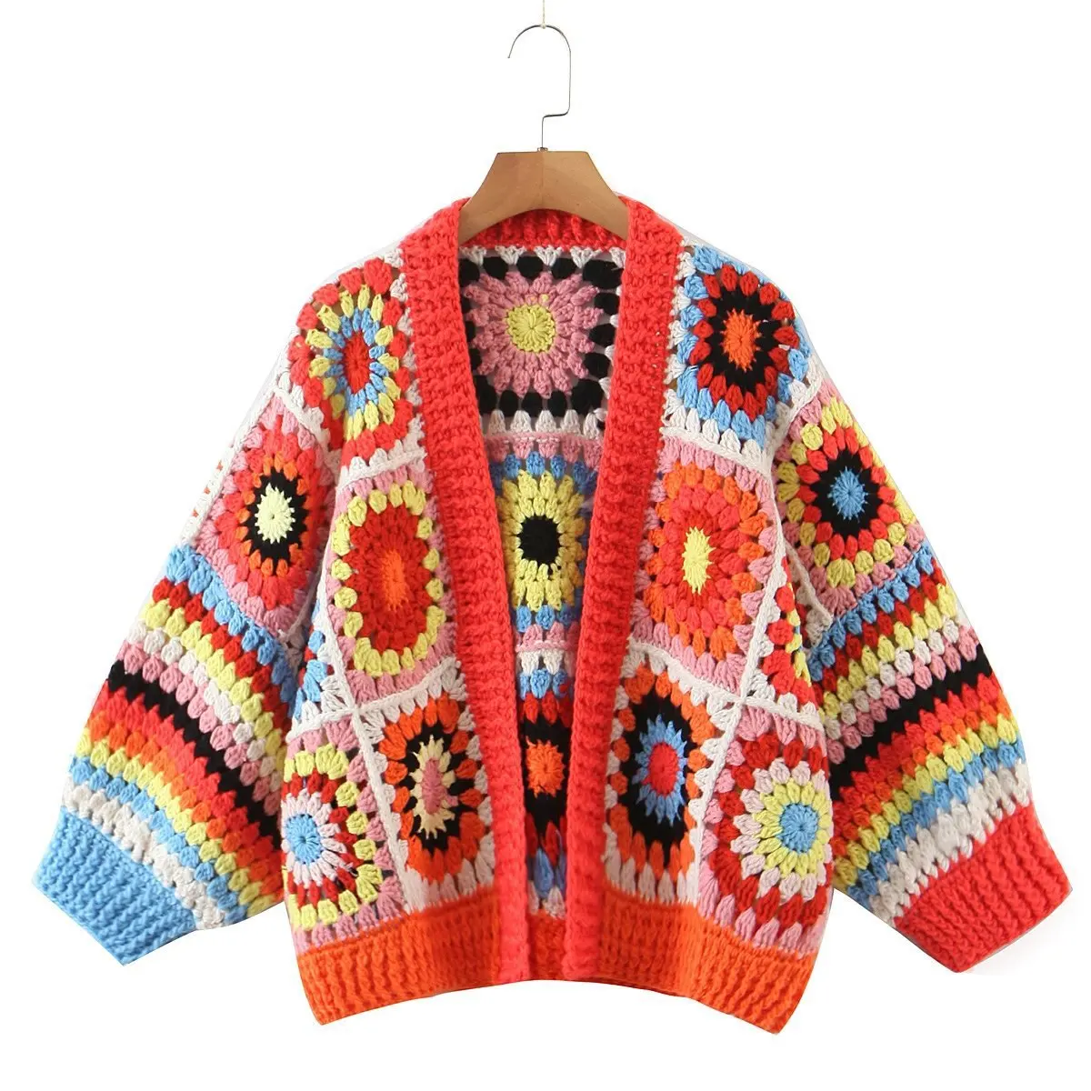 

2025 Holiday Plaid Hand Made Crochet Knitted Cardigan Woman V Neck Long Sleeve Sweater Open Stitching Knitwear Jumper Jacket