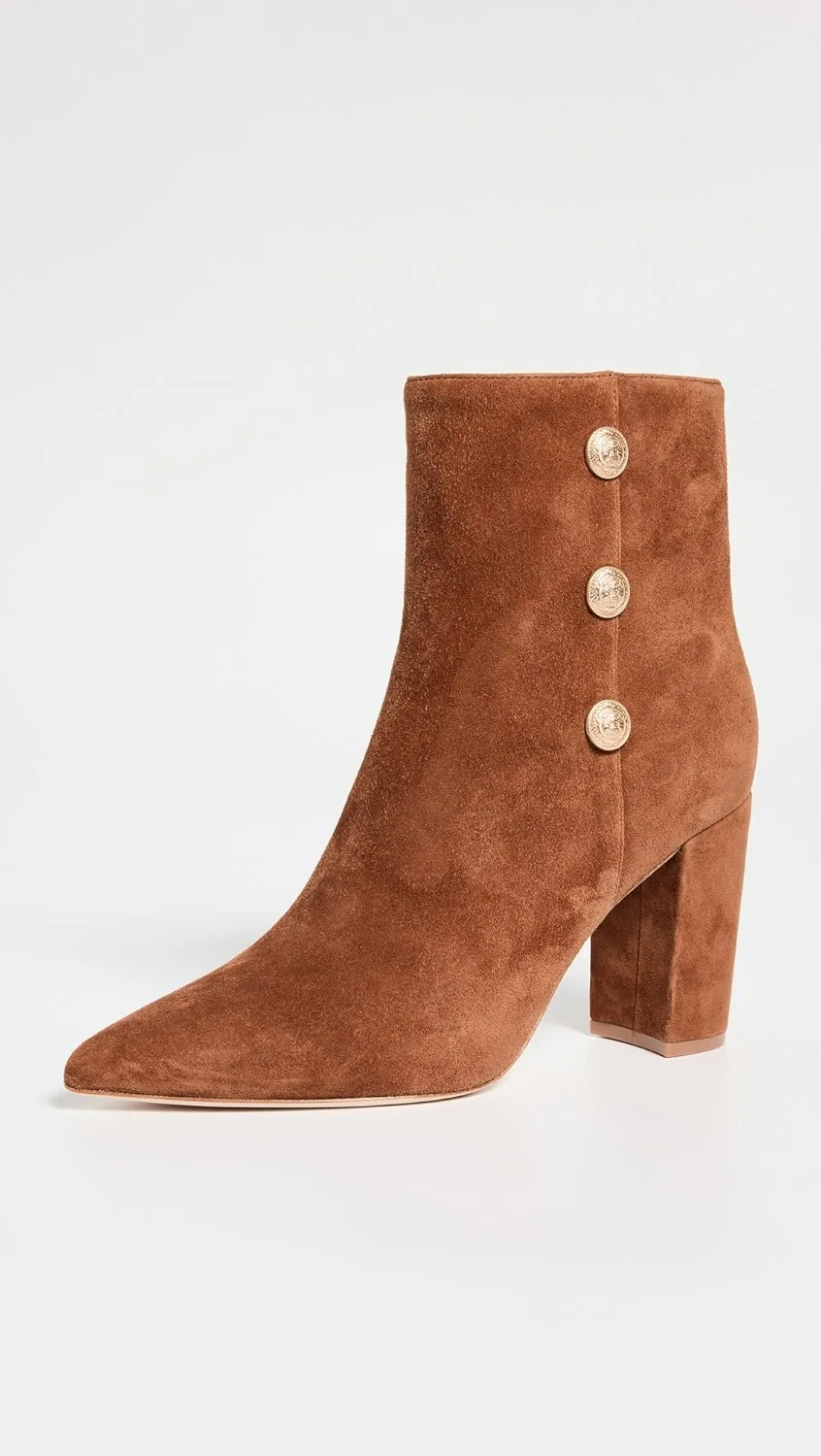 

Cowhide Suede Brown Ankle Booties Block Heel Sexy Pointed Toe Side Zipper Runway 2024 Winter Autumn Women Boots Chunky Heel