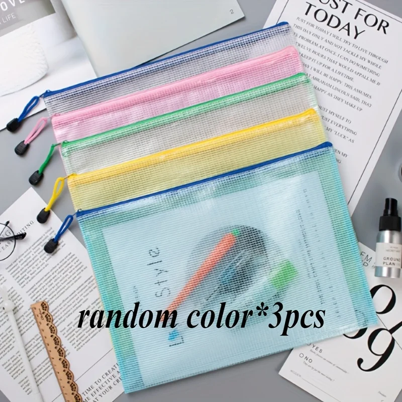 3 sacos do zíper da malha do cor aleatória dos pces a4, malotes transparentes do organizador do documento, sacos impermeáveis do armazenamento do arquivo para o escritório, escola