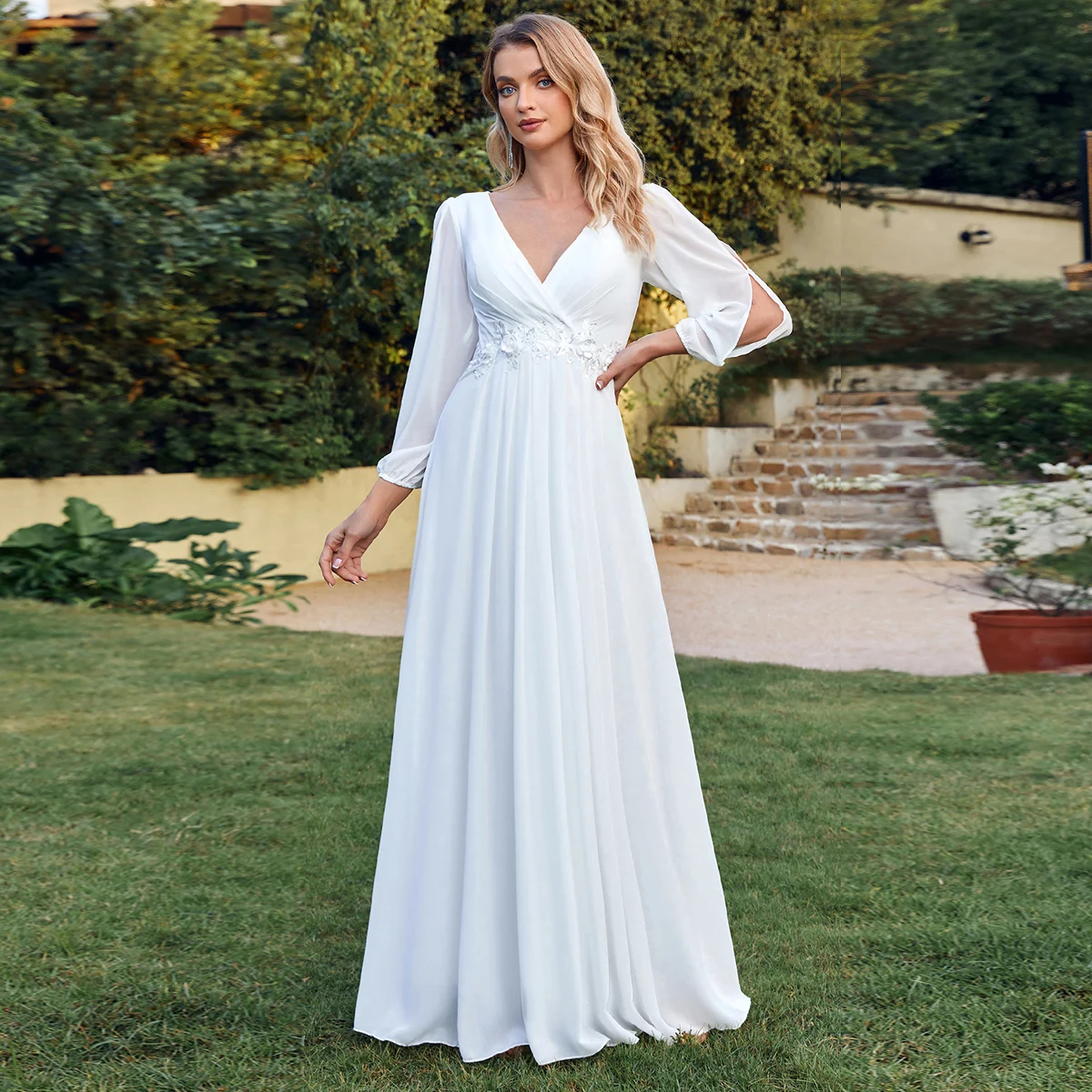 Vestido de casamento simples até o chão, Applique Chiffon branco, Zipper Up, punho elástico, decote em v, noiva, mangas compridas, 2024