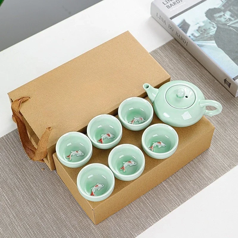 Chinese Celadon Fish Tea Set, Simple Household Tea Kit, Portable Kung Fu Tea Set, Premium Gift Box Packaging for Home Use