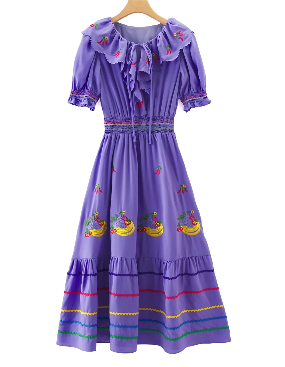 

Newest Fashion Runway Dress 2026 Summer Style Women Ruffle Collar Colorful Floral Embroidery Short Sleeve Midi Purple Blue Dress