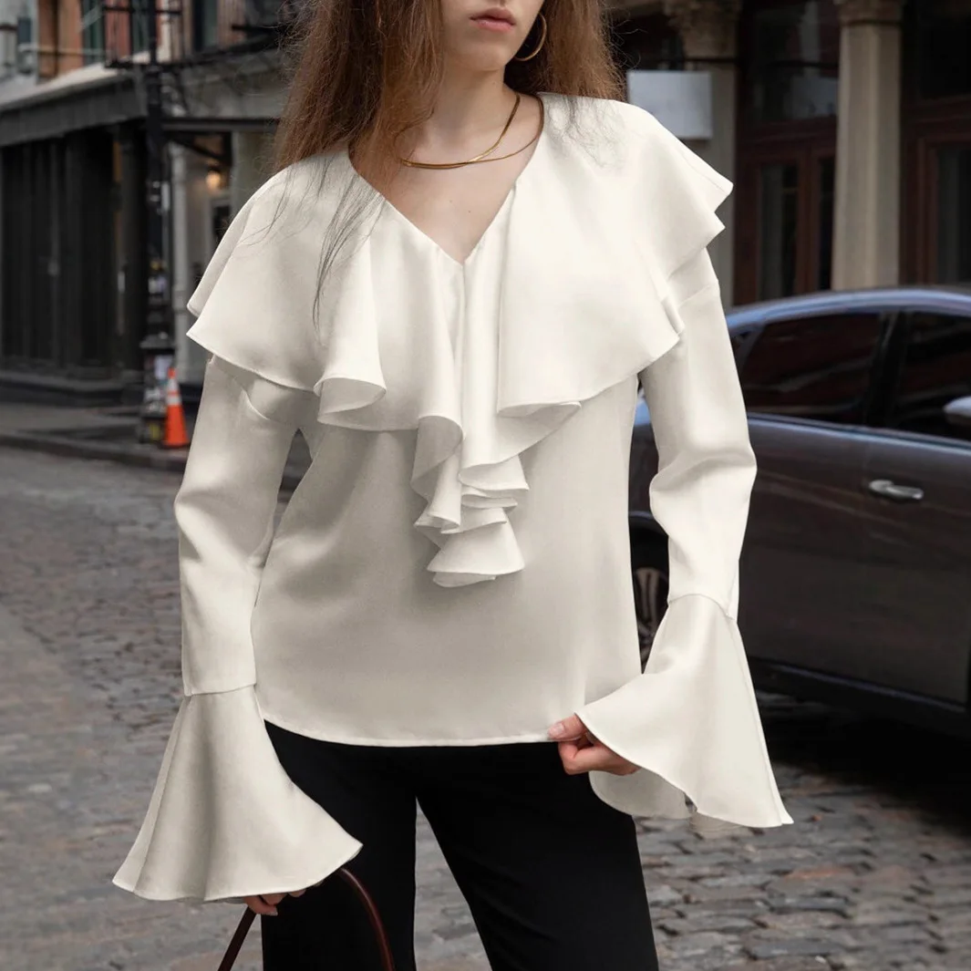 

Versatile Autumn Women's Blouse V-Neck Ruffle-Trimmed Flare Sleeve Pullover Female's Shirt Instagram-Style Chic Blouse For Lady
