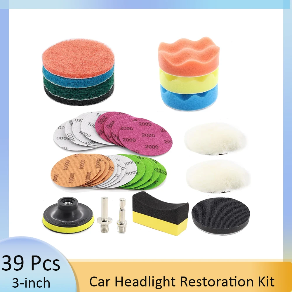 

39PCS Car Headlight Restoration Kit with 3Inch Car Care Sanding Discs Pad Wet Dry Sandpaper for Car Washing Cleaning Waxing