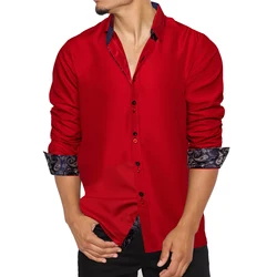 DiBanGu Men Shirt Long Sleeve Red Solid Blue Paisley Color Contrast Fashion Dress Shirt for Men Button-down Collar Men Clothing