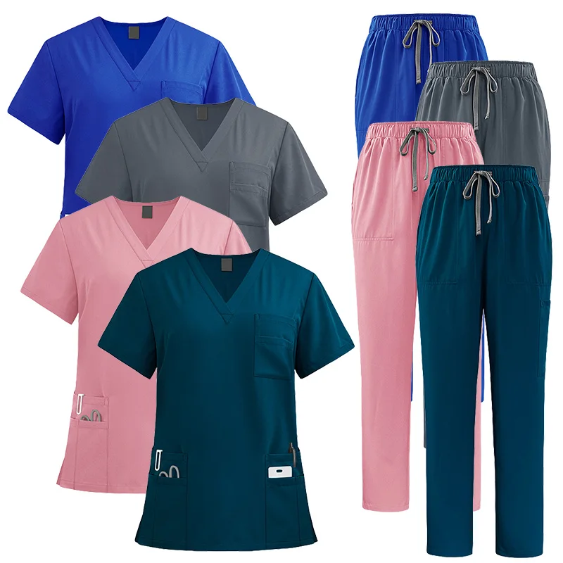 1set V Neck Doctor Medical Uniform Nurse Surgery Suit Moisturewicking Workwear With Pocket Operating Room Short Sleeve Tops Set