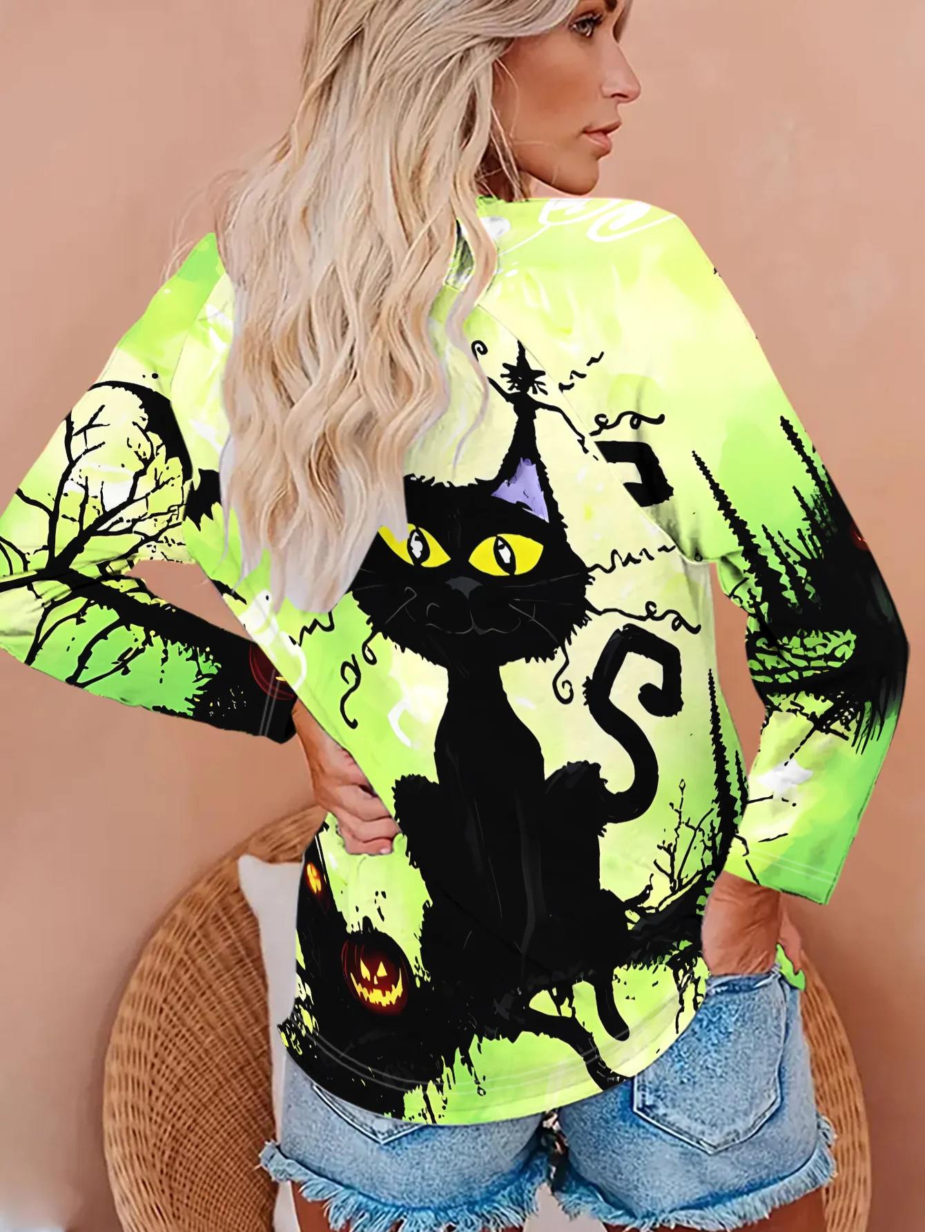 Women Long Sleeve Top Halloween Black Cat Bat Pumpkin Print Crew Neck Autumn Festival Gift Casual Daily Wear Women's Clothes view 2