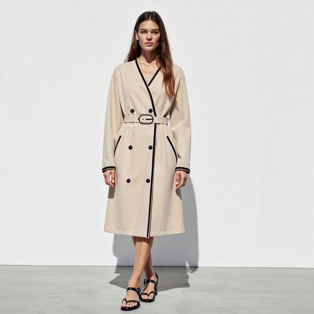 

Women's Long Trench Coat V-Neck Pockets Button Detail Autumn Fashion Basic Decent Binding