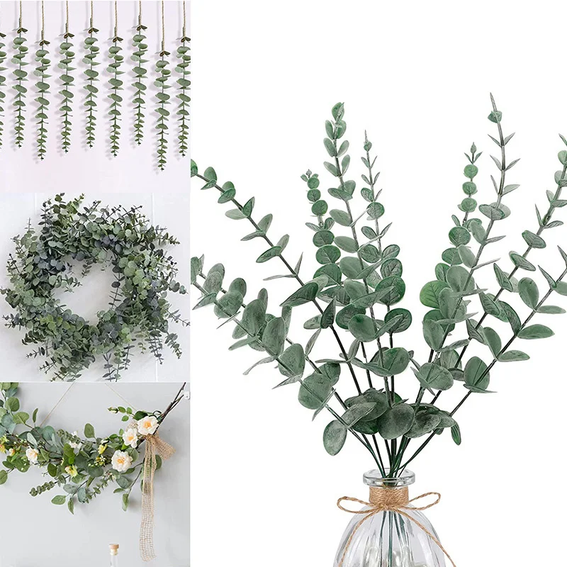 10pcs Artificial Plants Plastic Eucalyptus Leaves Decoration Wedding Table Garden Home Decor Green Eucalyptus Stems Fake Flowers