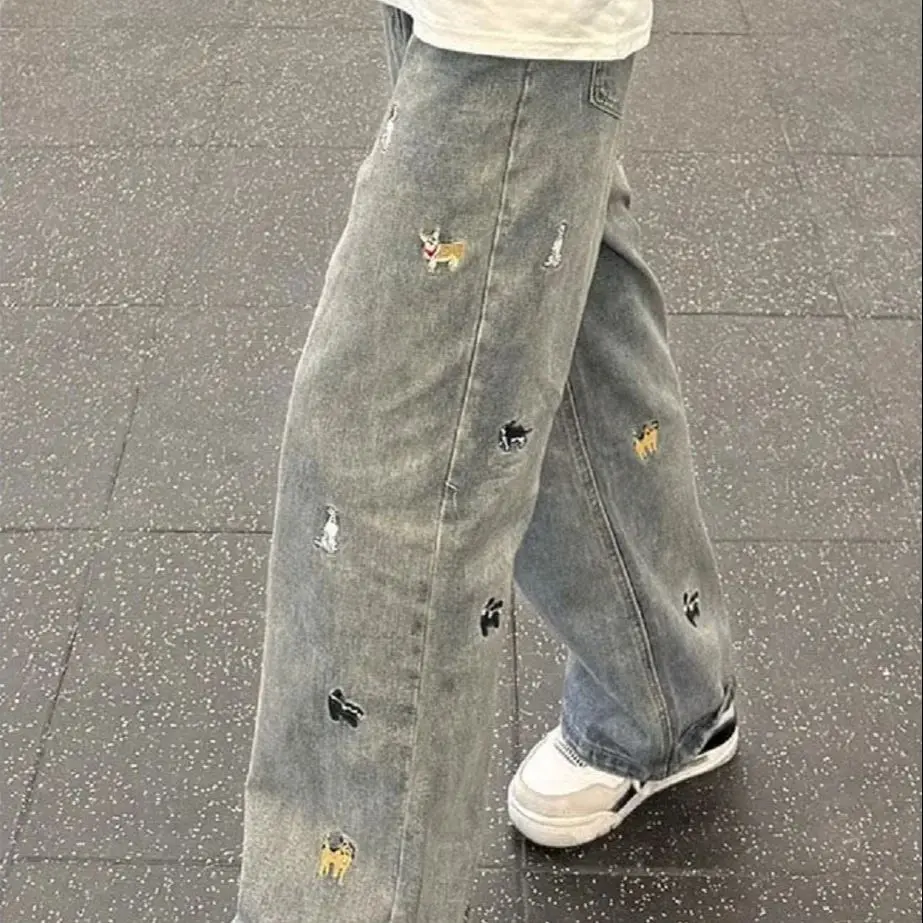 

American High Street Dachshund Dog Embroidered Washing Jeans Spring Summer New Loose Casual Design Sense High-End Straight Pants