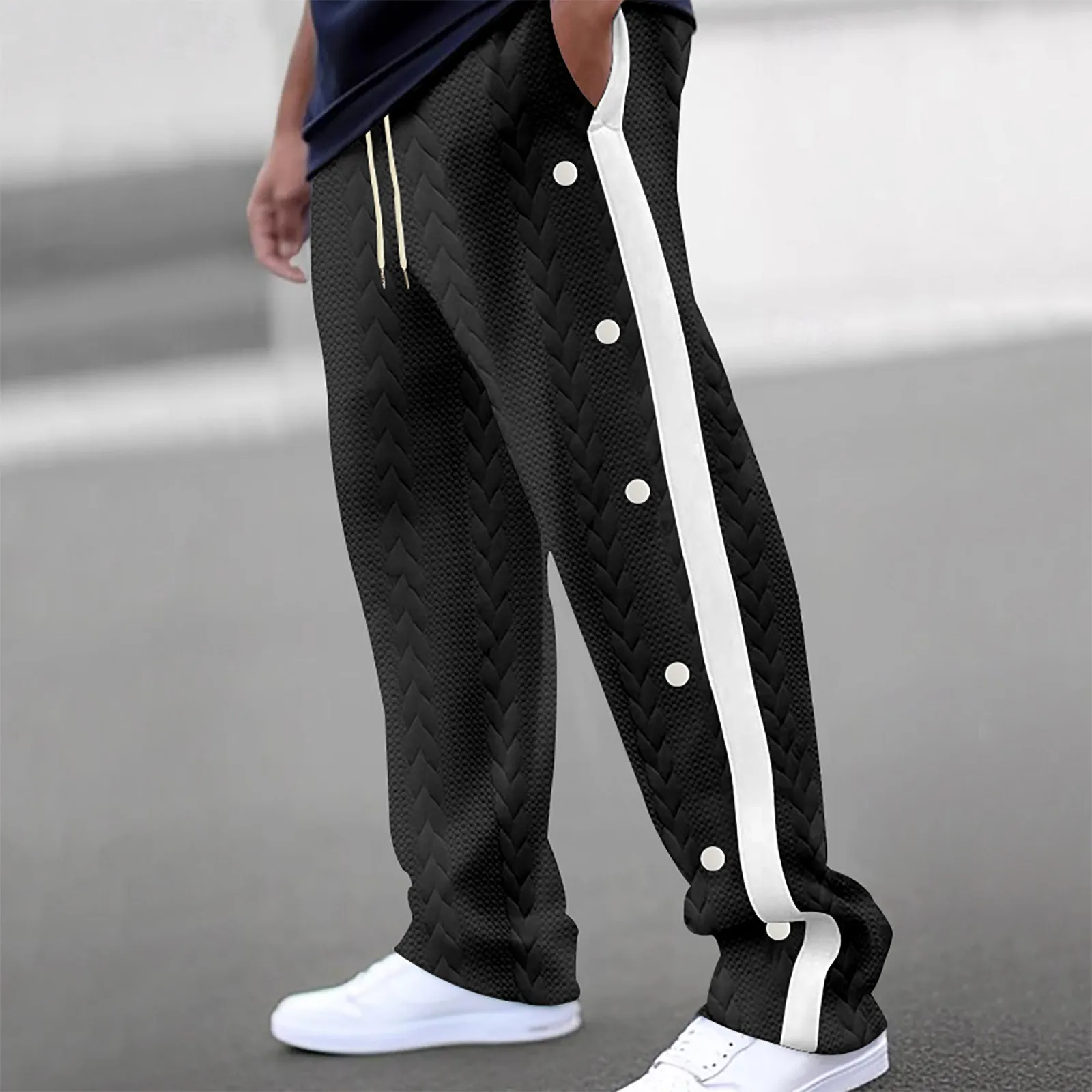 Men'S Knitted Jacquard Casual Long Pants Drop Color Matching Button Loose Wide Leg Pants Drawstring Lace-Up Fashion Casual Pants