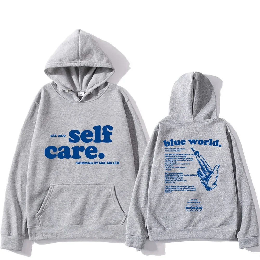 Macc Miller Self Care Blue World Letter Print Hoodies Fleece Sweatshirts Y2k Tops Long Sleeve Sweater Sense of Design Pullovers