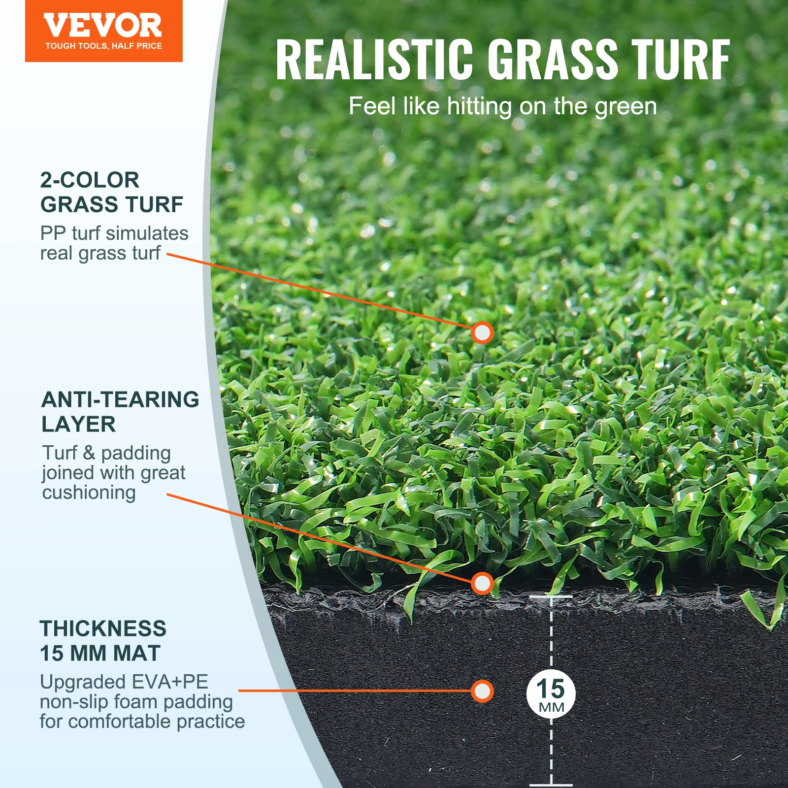 VEVOR 5 x 5 FT Golf Hitting Mat Artificial Turf Golf Hitting Mat Thickened Golf Hitting Training Aids with 3 Rubber Tees Mat