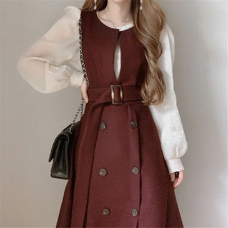 Coreano Chic Office Lady Elegante Vestito Dal Carro Armato O-Collo Doppio Petto Abito Senza Maniche 2024 Primavera Nuova Cintura Sottile Wasit Abiti Mujer